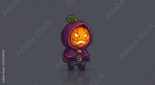 Fototapeta Pixel art of a miniature character with a pumpkin head and a dark hood/cloak. The design has an 8-bit or 16-bit game style, with a gray background and a slight reflection below the character.