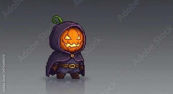 Fototapeta Pixel art of a miniature character with a pumpkin head and a dark hood/cloak. The design has an 8-bit or 16-bit game style, with a gray background and a slight reflection below the character.