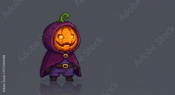 Fototapeta Pixel art of a miniature character with a pumpkin head and a dark hood/cloak. The design has an 8-bit or 16-bit game style, with a gray background and a slight reflection below the character.