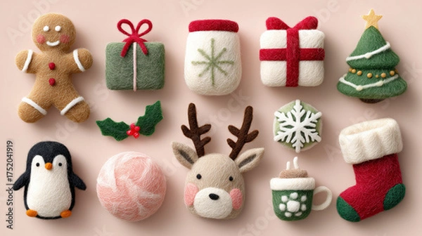 Fototapeta Handmade Felt Christmas 3D Elements Collection – Kawaii Needle Felt Decorations on White Background