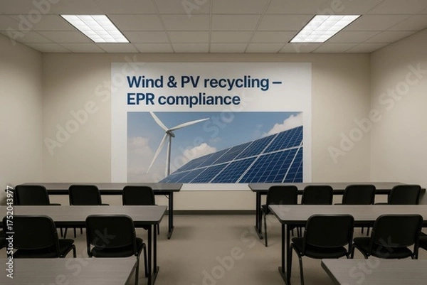 Fototapeta Empty training room displays banner promoting wind and solar recycling compliance and extended producer responsibility