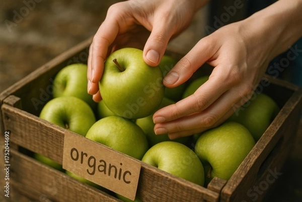 Fototapeta Fresh green apple being picked from a rustic wooden crate labeled organic, symbolizing natural and healthy fruit choices