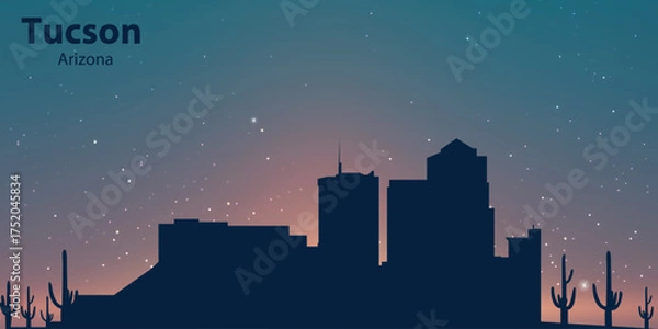 Fototapeta Silhouette of Tucson, Arizona, against an evening or morning sky with a gradient from blue to orange. There are also several small white dots imitating stars.