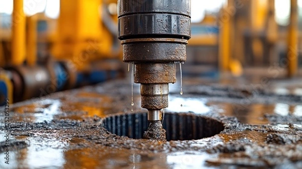 Fototapeta Close up of drill press making hole in metal