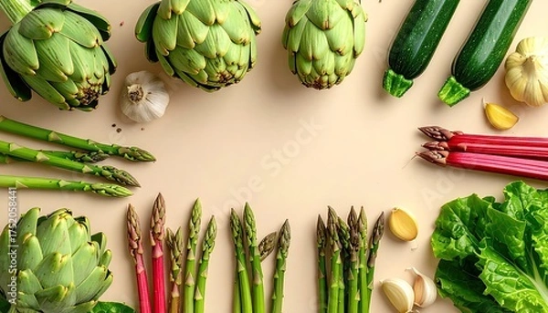 Obraz Fresh spring vegetables arranged artfully on a neutral background.