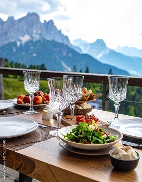 Obraz Elegant outdoor dining table set with gourmet food and wine glasses overlooking majestic mountain scenery.