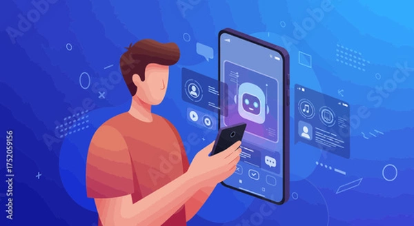 Obraz Illustration of a man using chatbot app on his smartphone with UI elements around it, concept for customer service assistance, ai virtual assistant and mobile application interface design