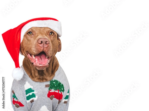 Obraz Merry Christmas and Happy New Year. Charming dog and festive costume. Dog smile. Close-up, studio shot. Congratulations for family, friends and colleagues. Pets care concept