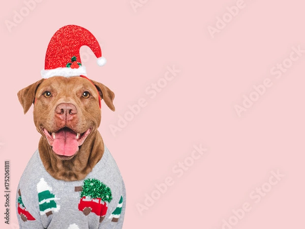 Obraz Merry Christmas and Happy New Year. Charming dog and festive costume. Dog smile. Close-up, studio shot. Congratulations for family, friends and colleagues. Pets care concept