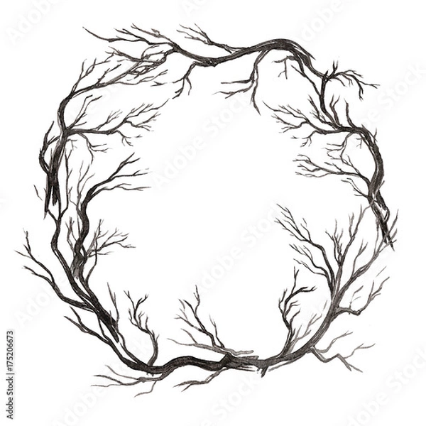 Obraz Wreath with hand painted elements for your design with tree branches.