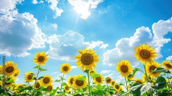 Fototapeta Sunny Spring & Summer Meadows: Yellow Sunflowers, Blue Skies, and Bees in Rural Flower Fields & Gardens