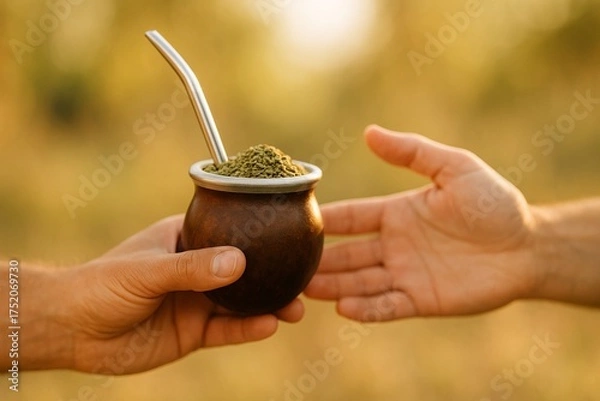 Fototapeta Sharing mate tea between friends outdoors 