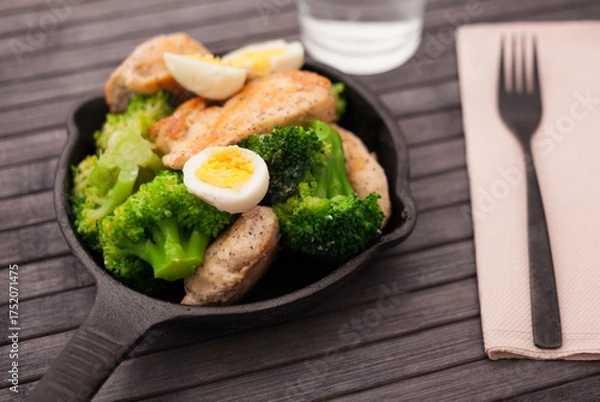 Fototapeta chicken breast with broccoli and quail eggs in small cast iron skillet