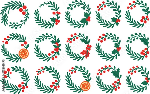 Obraz christmas wreath clipart set with holly, berries, and greenery – festive holiday frame collection