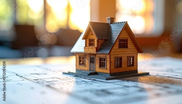 Fototapeta Miniature house model on architectural blueprints symbolizing home design and planning.