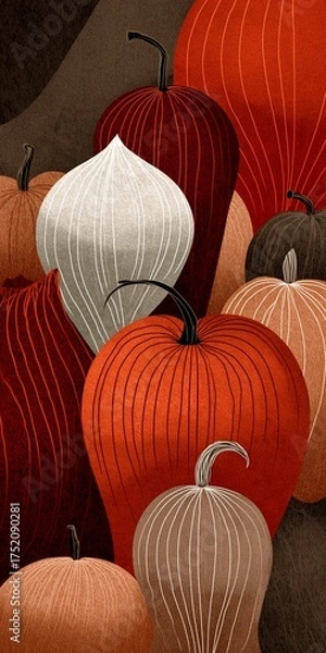 Fototapeta A vibrant collection of stylized pumpkins featuring various shapes and colors, creating a warm autumn atmosphere.