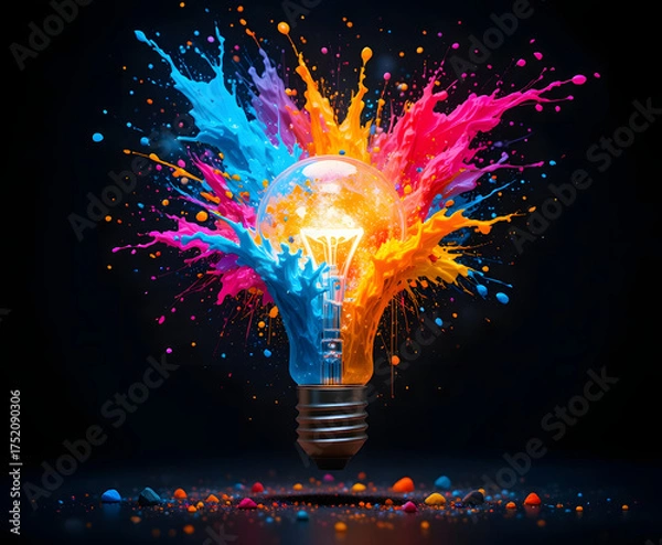 Fototapeta Creative glowing light bulb explodes with colorful paint and splashes on a black background