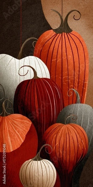 Fototapeta A stylized collection of pumpkins in various colors, showcasing shades of orange, red, and white, with intricate lines.