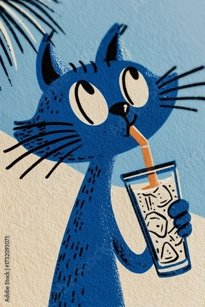 Fototapeta A playful illustration of a blue cat sipping a drink, exuding a cheerful and relaxed vibe.