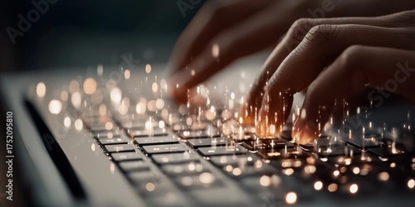Fototapeta Person is typing on a keyboard with a lot of glowing lights. Concept of excitement and energy