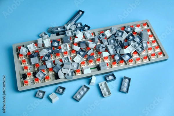 Fototapeta Disassembled Mechanical Keyboard With Gray And Blue Keys on a Tray, Red Switches Scattered Across a Blue Background
