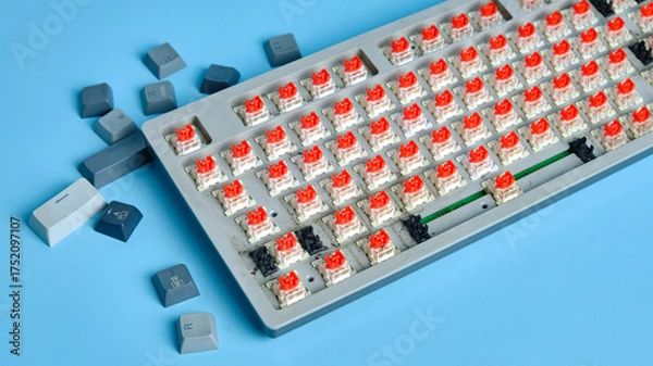 Fototapeta Disassembled Mechanical Keyboard With Red Switches On Blue Background, Exposed Circuitry