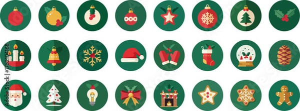Fototapeta 24 Flat Christmas-Themed Icons in Circular Frames on Dark Green Background