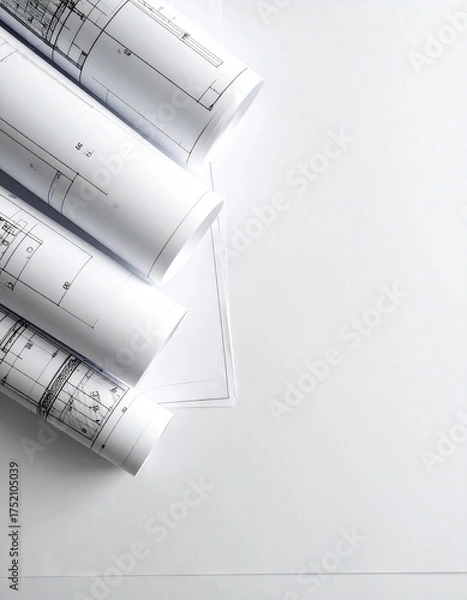 Fototapeta Rolled architectural blueprints stacked on a clean white surface for planning.