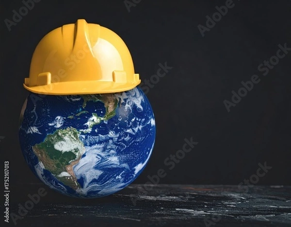 Fototapeta Yellow hard hat on planet Earth globe symbolizing global construction and safety initiatives.