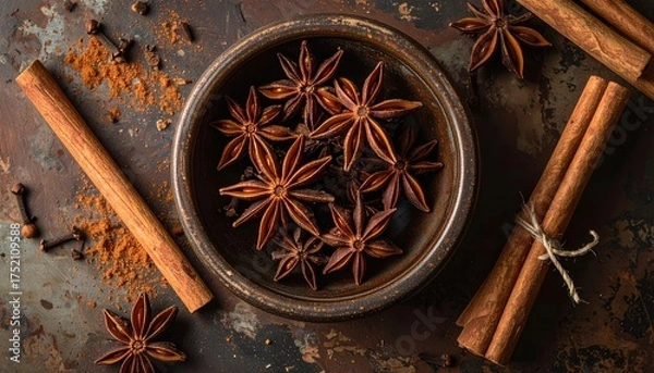 Fototapeta Overhead view of star anise and cinnamon sticks arranged on a rustic textured surface with scattered cloves and cinnamon powder