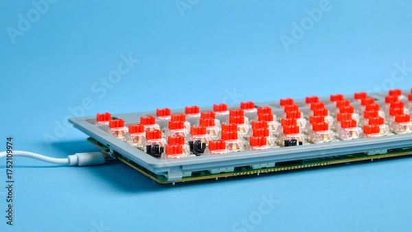 Fototapeta Close Up Mechanical Keyboard With Red Switches And USB Cable On Blue Background
