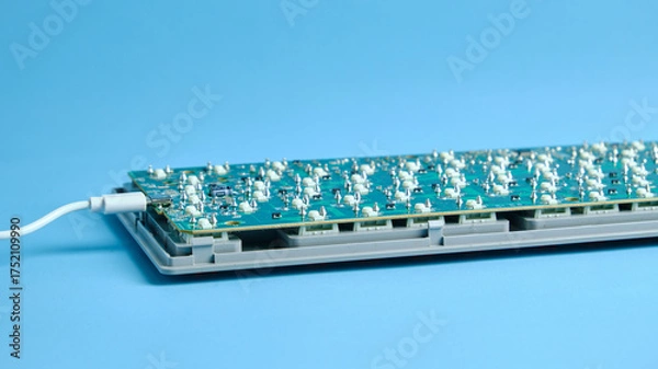 Fototapeta Electronic Keyboard Circuit Board on a Desktop Keyboard Base Against Blue Background