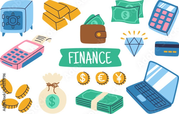 Obraz Finance themed collage featuring a safe, cash, coins, wallet, credit card, calculator, diamond, laptop, and money bag, conveying money, budgeting, banking, and financial planning in a dynamic, modern 