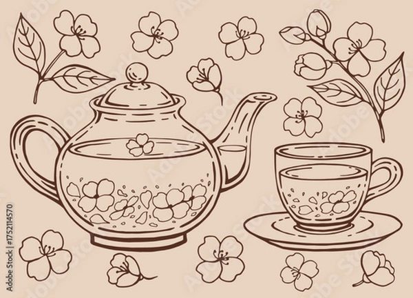 Fototapeta Tea set with glass teapot and cup, jasmine. Hand drawn vector illustration in outline style.