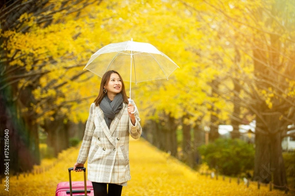 Fototapeta A happy young woman walking under a transparent umbrella with a pink suitcase during autumn. The yellow ginkgo leaves create a bright, warm travel atmosphere in the park.