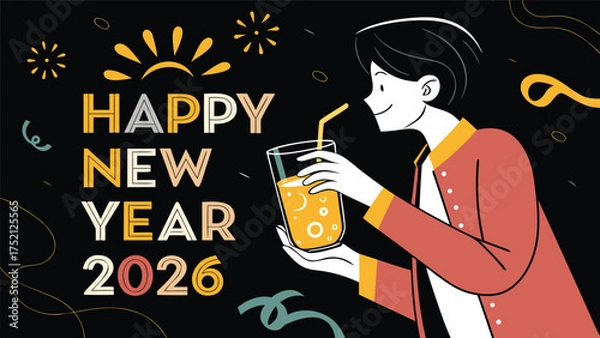 Fototapeta Best new year design 2026, woman with drink vector illustrator with dark black background, Celebration new year's eve. Best design of 2026 with different color combination.