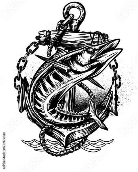Obraz Marlin fish wrapped around anchor with chains and waves illustration seafood ocean isolated on a transparent background