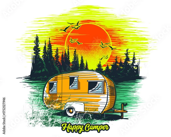 Obraz Retro Camper Van Sunset Forest Camping Adventure Illustration caravan trailer isolated on a transparent background