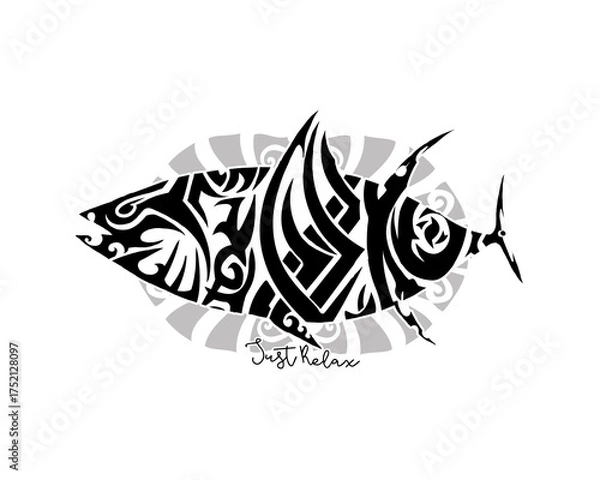 Obraz Tribal Fish Tattoo Design with Text Just Relax graphic isolated on a transparent background