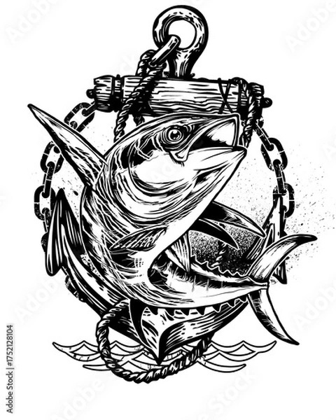 Obraz Tuna fish wrapped around anchor with chains and waves illustration seafood ocean isolated on a transparent background