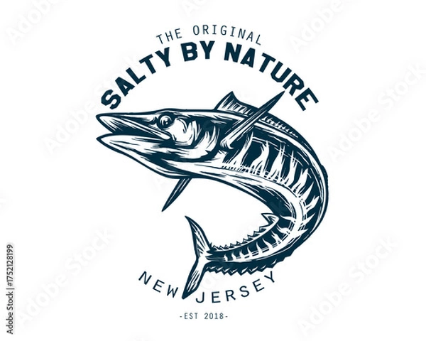 Obraz Wahoo Fish Illustration with Salty By Nature New Jersey Text fishing saltwater isolated on a transparent background