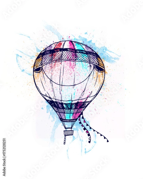 Obraz Whimsical Hot Air Balloon with Happy Face and Splatter Art airship flying isolated on a transparent background