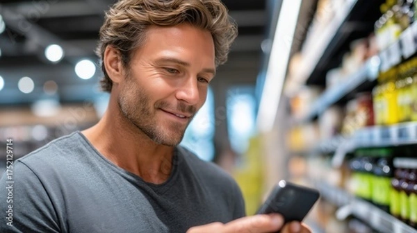 Fototapeta Man smiling at smartphone in grocery store aisle