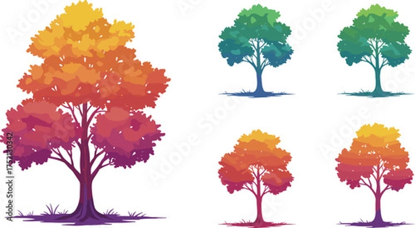 Fototapeta Stylized multicolored tree collection vector illustration with gradient foliage variations, seasonal abstract artwork for creative design, environment, and decorative conten
