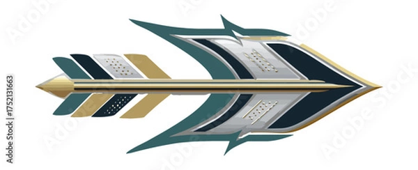 Fototapeta Decorative arrow symbol with gold and teal elements on black background