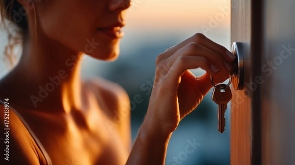 Fototapeta Close-up of a woman's hand inserting a key into a door lock at sunset