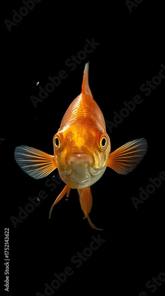 Fototapeta Golden Gaze: An elegant goldfish, captured in sharp focus against a stark black background, its scales gleaming with subtle light, conveying a sense of peaceful observation.