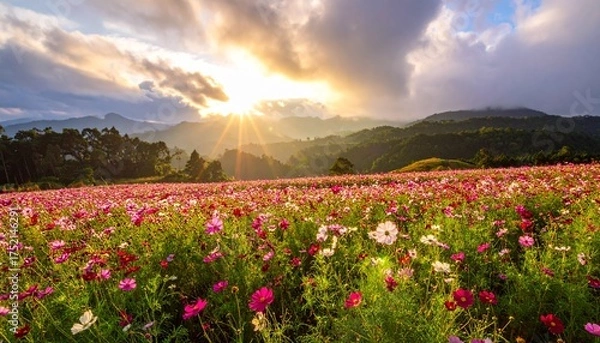 Obraz beautiful cosmos flower field with sunrise.