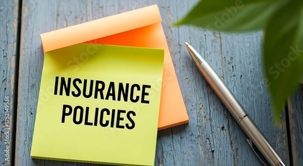 Fototapeta Sticky notes displaying insurance policies on a rustic wooden surface