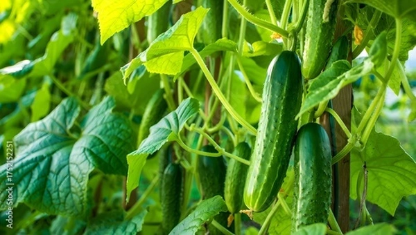 Fototapeta Fresh cucumbers growing on the vine in a garden